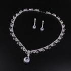 Set: Rhinestone Pendant Necklace + Dangle Earring Set - 1 Pair - Stud Earrings & Necklace - Zircon - White - One Size