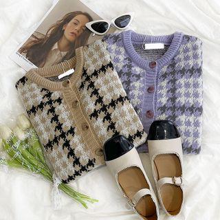 Long-sleeve Houndstooth Knit Cardigan