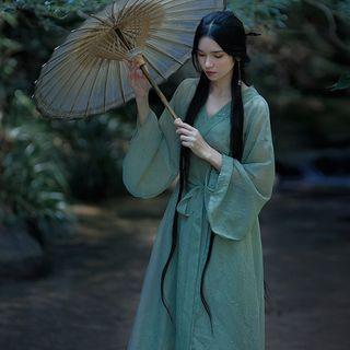 Set: Bell-sleeve V-neck Midi A-line Dress + Slipdress Green - One Size