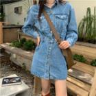 Long-sleeve Button-up Denim Mini Collared Dress