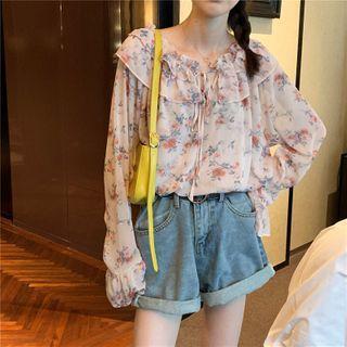 Long-sleeve Tie-waist Floral Printed Blouse As Shown In Figure - One Size