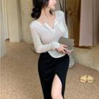Round-neck Button Up Pocket Top / High Waist Split Hem Maxi Skirt
