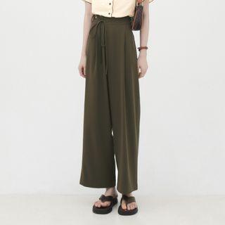 High-waist Plain Drawstring Straight-cut Pants