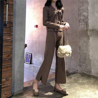 Set: Tie-detail V-neck Sweater + Wide Leg Pants