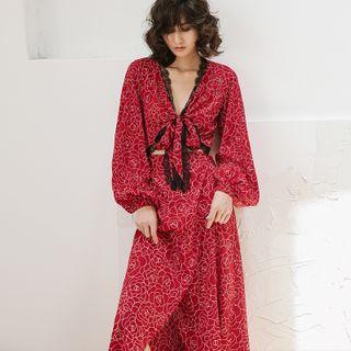 Flower Print Lace Trim Lantern-sleeve Maxi Sundress