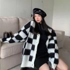 V-neck Checkerboard Cardigan Check - Black & White - One Size