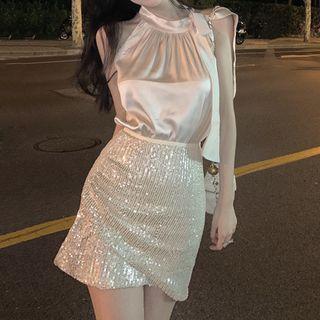 Set: Bow Accent Halter Top + Sequin Mini Pencil Skirt