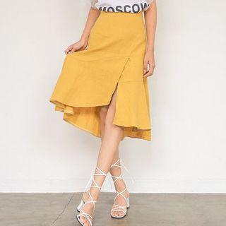 Asymmetric-hem Linen Midi Flare Skirt