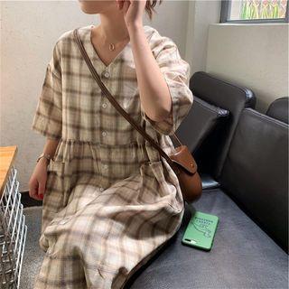 Short-sleeve Plaid Dress As Shown In Figure - One Size