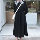 Lace-collar Long-sleeve Maxi A-line Dress Black - One Size