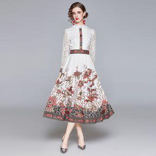 Long-sleeve Floral Print Lace Panel Midi A-line Dress