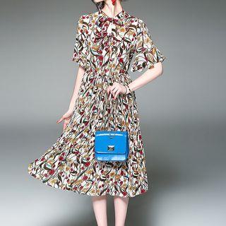 Print Bell-sleeve Accordion Dress