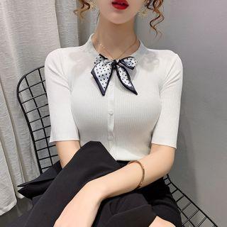 Short-sleeve Dotted Bow Button-up Knit Top