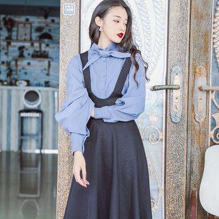 Set: Tie Neck Shirt + High Waist Midi Suspender Dress
