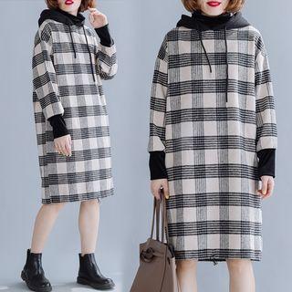 Plaid Woolen Hooded Sweatshirt Dress Black & White - Plaid - L