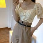 Short-sleeve Square-neck Lace Top / Plain Shorts With Belt
