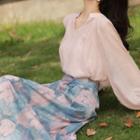 Set: Balloon-sleeve Blouse + Print Midi A-line Skirt