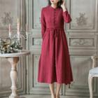 Stand Collar Long Sleeve Gathered-waist A-line Dress