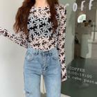Long-sleeve Floral Mesh Top Black - One Size