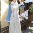 Detachable Fluffy Collar Long-sleeve Midi A-line Qipao Dress