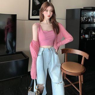 Plain Crop Top / Knit Cardigan / Ripped Wide-leg Jeans
