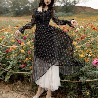 Long-sleeve Plaid Midi A-line Chiffon Dress