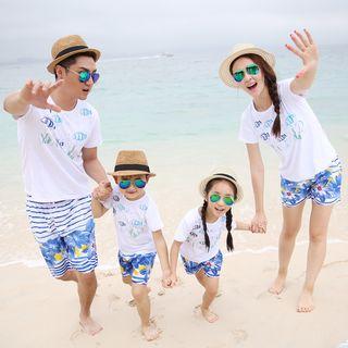 Family Matching Set: Fish Print Short Sleeve T-shirt + Floral Print Shorts