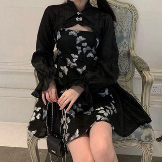 Set: Long-sleeve Collar Crop Top + Spaghetti Strap Butterfly Print Mini A-line Dress