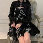 Set: Long-sleeve Collar Crop Top + Spaghetti Strap Butterfly Print Mini A-line Dress