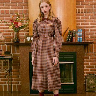 Puff-sleeve Tie-side Long Plaid Dress Burgundy - One Size