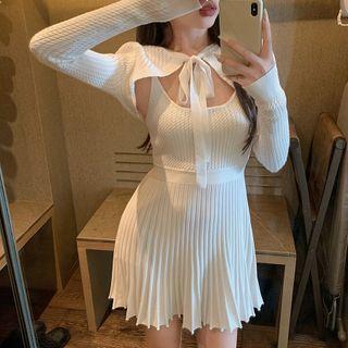 Spaghetti Strap Knit Mini A-line Dress / Tie-strap Cropped Cardigan