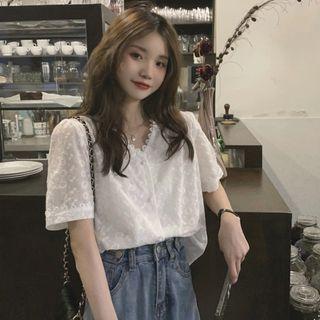 Elbow-sleeve V-neck Lace Blouse Off-white - One Size