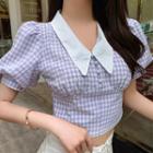 Plaid Collared Puff-sleeve Cropped Blouse