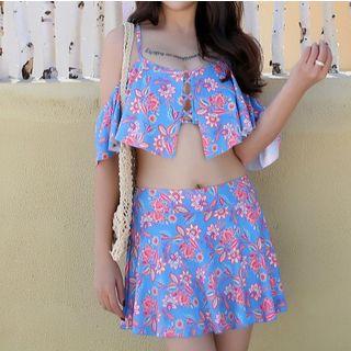 Set: Floral Print Elbow-sleeve Swim Top + Skirt