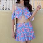 Set: Floral Print Elbow-sleeve Swim Top + Skirt