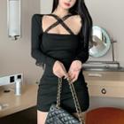 Long-sleeve Lace Trim Mini Sheath Dress / Light Jacket