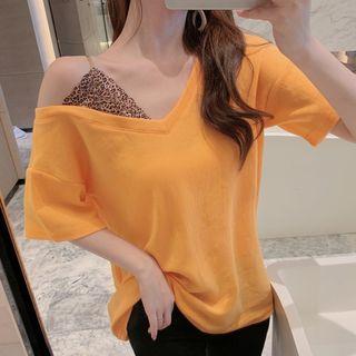 Mock Two-piece Short-sleeve T-shirt Tangerine - One Size
