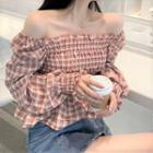 Plaid Cropped Blouse Pink - One Size