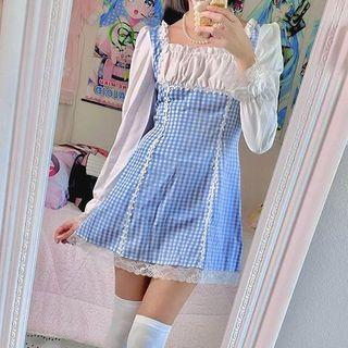 Long-sleeve Gingham Panel Lace Trim Mini Dress