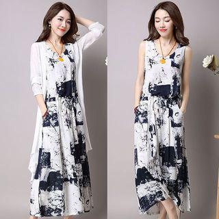 Set: Sleeveless Printed Maxi Dress + Plain Cardigan