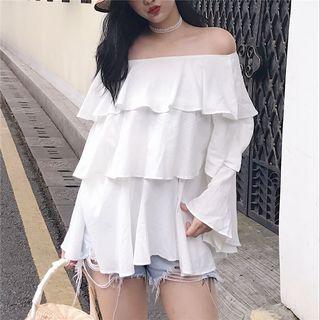 Plain Ruffle Trim Off Shoulder Long Sleeve Top