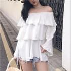 Plain Ruffle Trim Off Shoulder Long Sleeve Top