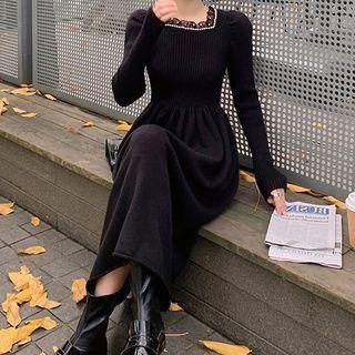 Square-neck Faux Pearl Knit Midi A-line Dress