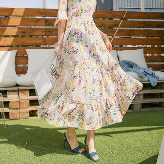 Wrap-front Tiered Floral Chiffon Maxi Dress