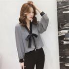 Long-sleeve Houndstooth V-neck Blouse