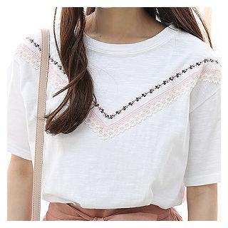 Round-neck Short-sleeve Flower Embroidered T-shirt