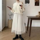 Cutout Lace Panel Sweater / Mesh Overlay Skirt
