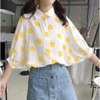 Dotted Elbow-sleeve Shirt Yellow - One Size