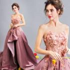 Flower Embroidered Strapless A-line Evening Gown With Train