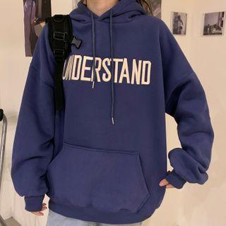 Lettering Embroidered Long-sleeve Medium Long Hooded Sweatshirt